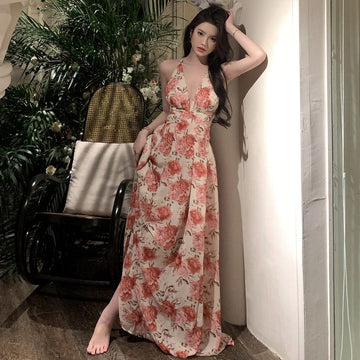 Seaside Holiday Chiffon Crumped Flower Dress Bare Back Empty Strap High Waist Open Large Swing Dress Girl